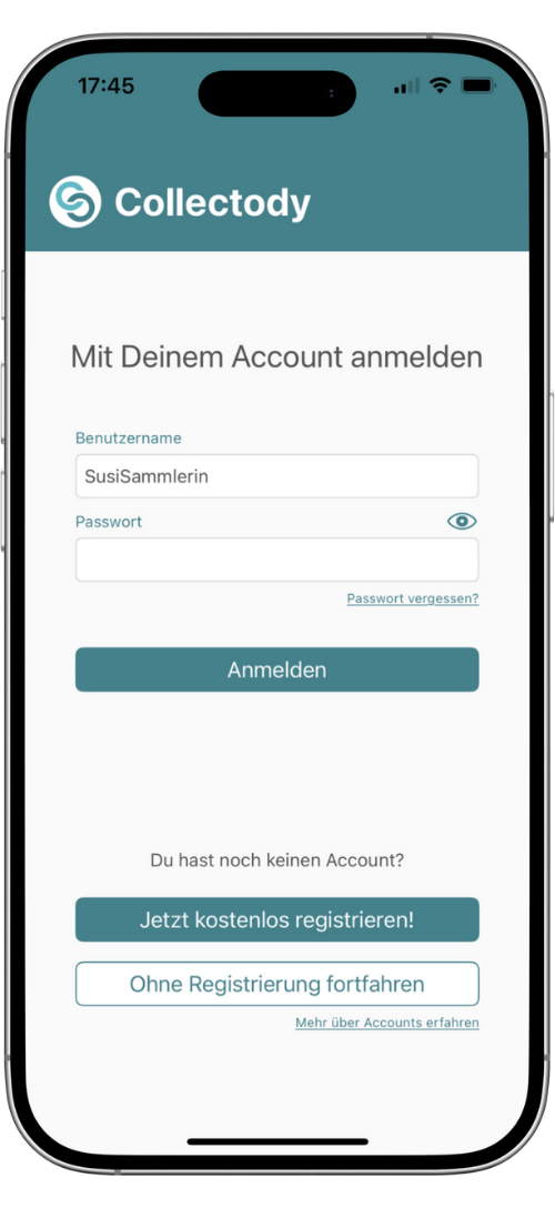 Collectody - Sreenshot Anmeldung