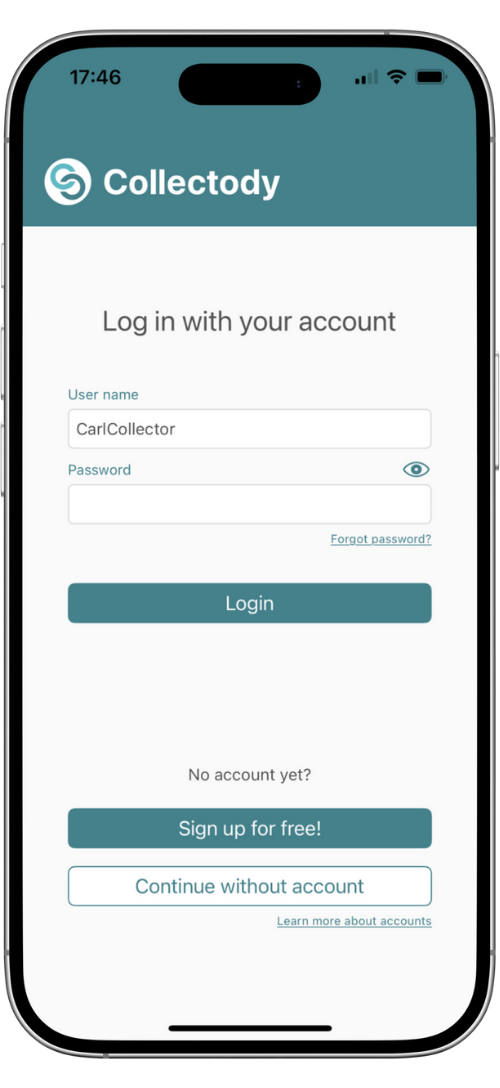 Collectody - Sreenshot Log in with your account