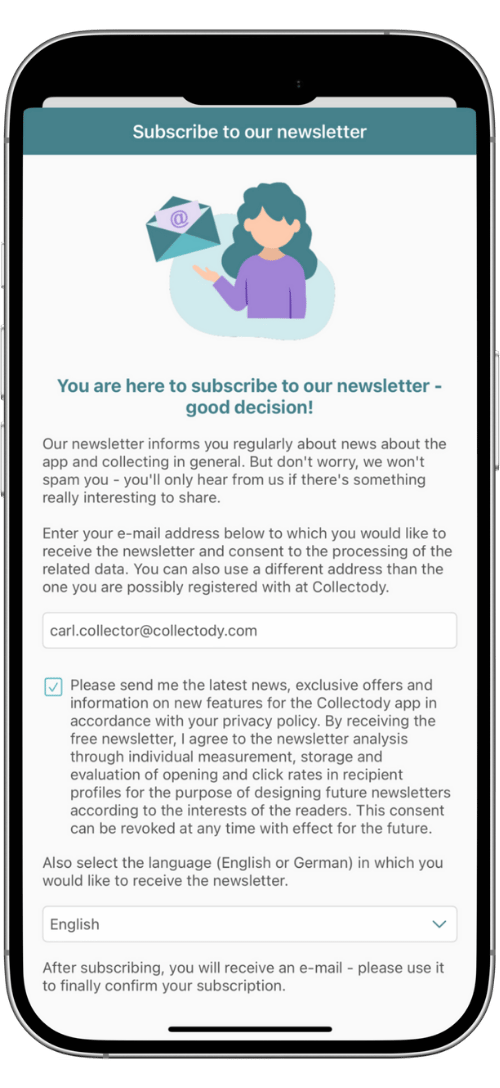Collectody screenshots newsletter subscription